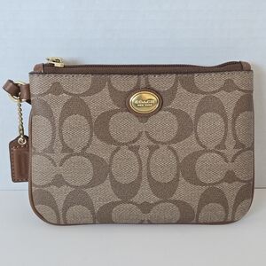 Coach Peyton Signature Logo Corner Zip Wristlet Purse Brown Canvas Small EUC